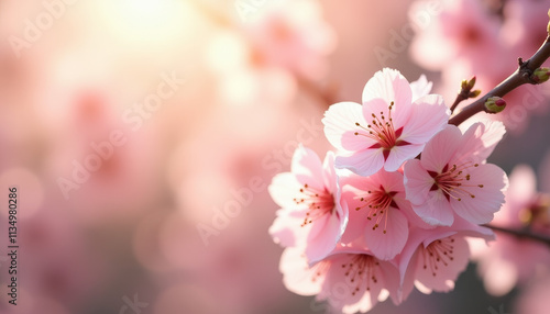 Delicate pink cherry blossoms blooming softly with sunlight in dreamy spring background