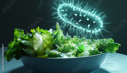 Holographic bacteria hovering over a fresh salad, highlighting the theme of food with contamination. A vivid representation of the hidden dangers in everyday meals.