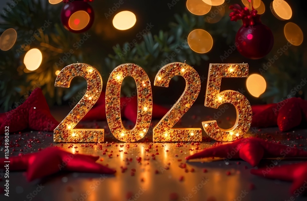 Happy New Year 2025 background, illustration for holiday design with lights and fireworks Happy New Year 2025 background, illustration for holiday design with lights and fireworks