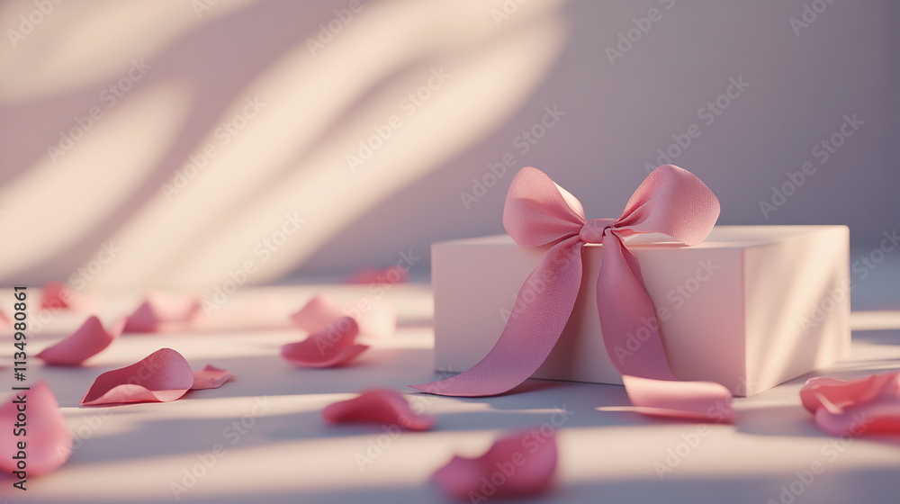Close-up of delicate pink ribbon tied in bow around white gift box, with small rose petals scattered around on light background Valentine's day horizontal web banner, sale flyer, advert, greeting card Close-up of delicate pink ribbon tied in bow around white gift box, with small rose petals scattered around on light background Valentine's day horizontal web banner, sale flyer, advert, greeting card