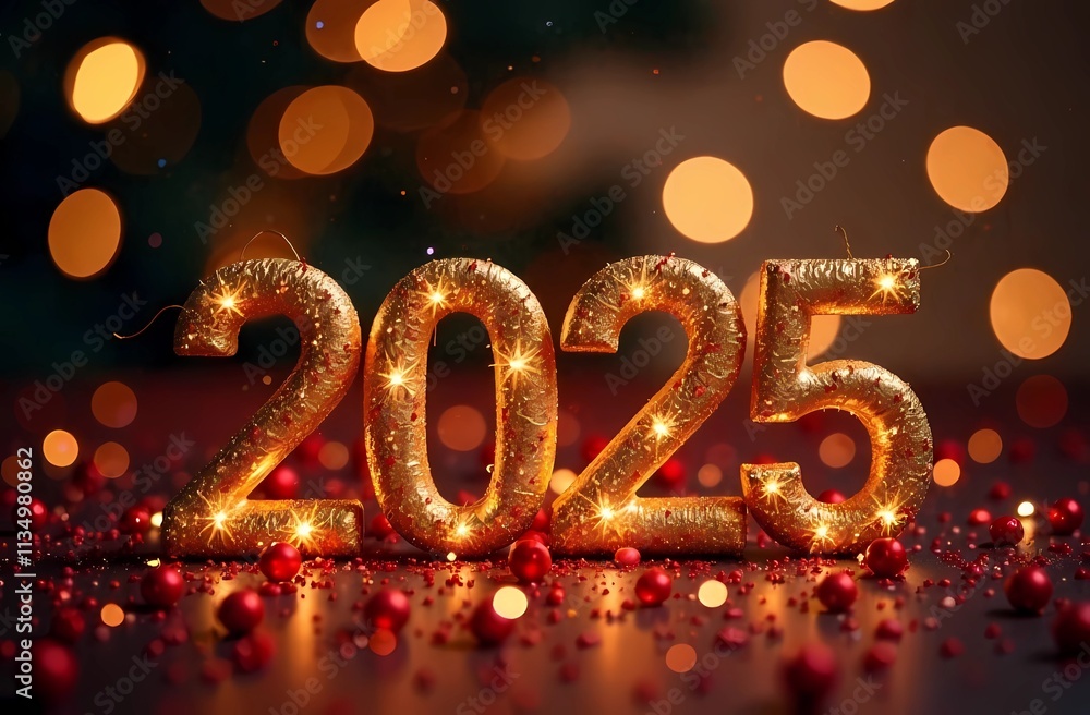 Happy New Year 2025 background, illustration for holiday design with lights and fireworks Happy New Year 2025 background, illustration for holiday design with lights and fireworks