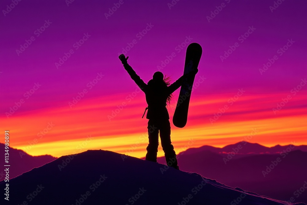 Silhouette of a snowboarder celebrating victory at sunset on a snowy mountain peak. Silhouette of a snowboarder celebrating victory at sunset on a snowy mountain peak.