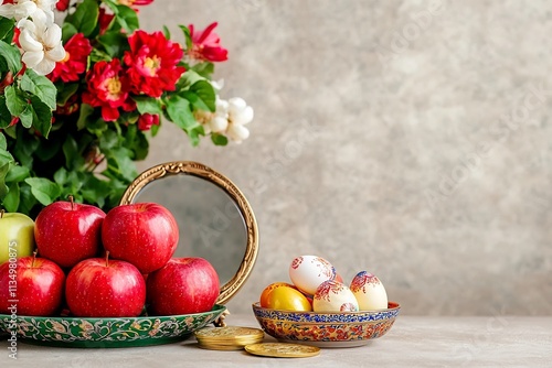 Beautifully Lit Nowruz Haft Sin Table Display with Apples Garlic Gold Mirror and Eggs