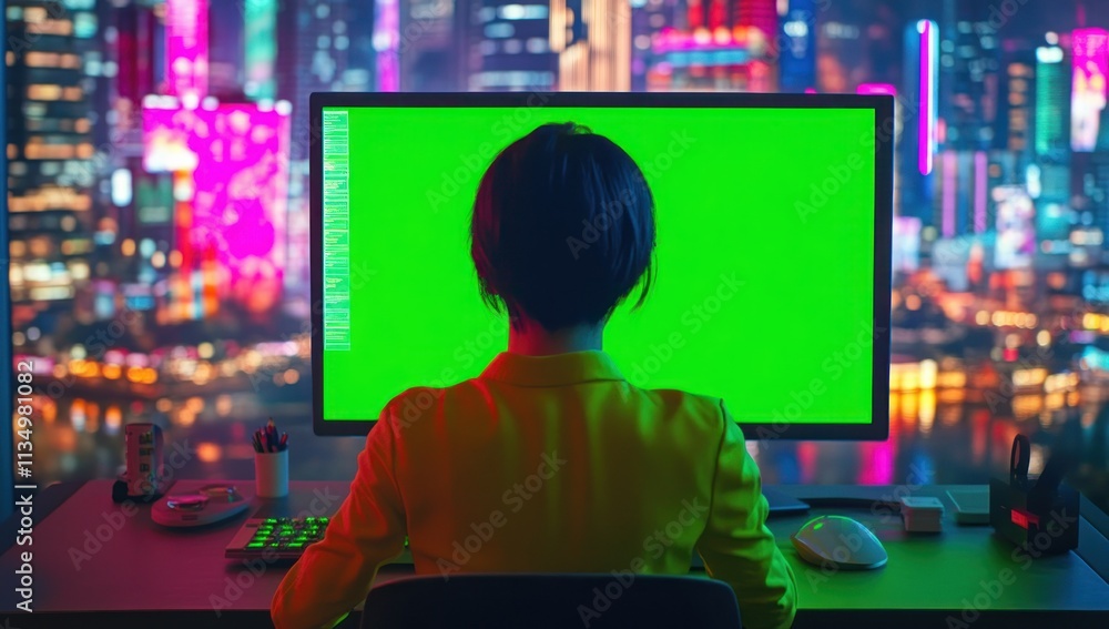 Woman sits at desk facing large green screen monitor, city lights blurred background. Woman sits at desk facing large green screen monitor, city lights blurred background.