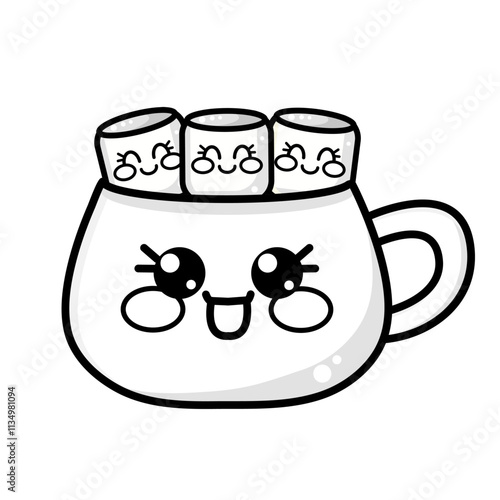 Cute vector outline icon of coffee cup, mug with marshmallow in kawaii style. Vector illustration of coloring page, coloring book, clipart for children, kids
