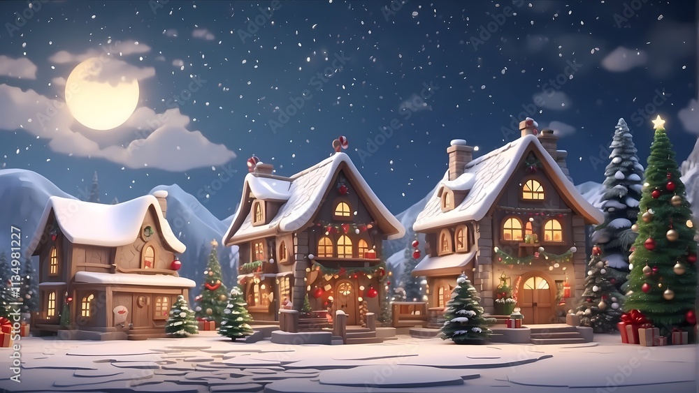 A Winter Wonderland: A charming snowy village gleams under a full moon, with twinkling lights illuminating cozy cottages and a beautifully decorated Christmas tree. A Winter Wonderland: A charming snowy village gleams under a full moon, with twinkling lights illuminating cozy cottages and a beautifully decorated Christmas tree.