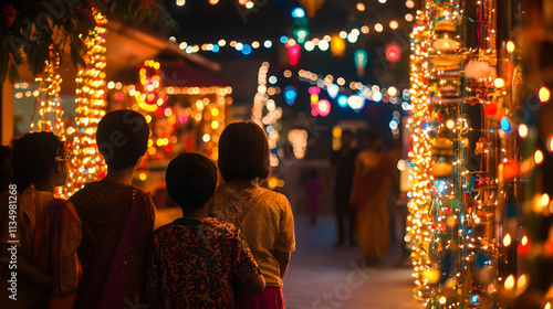 A Beautiful Multicultural Community Preparing for an Enchanting Diwali Celebration with Lights, Decorations, and Joyful Families photo