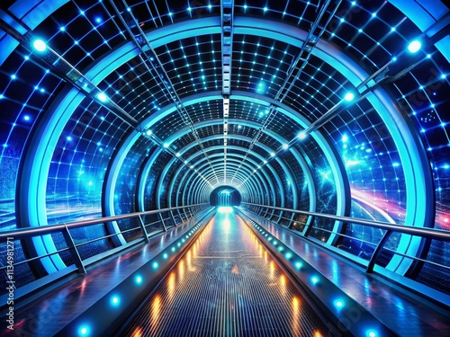 Futuristic Cyber Tunnel with Blue Sci-Fi Lights for Technological Processes in Science Education Presentations and Innovations in Modern Technology