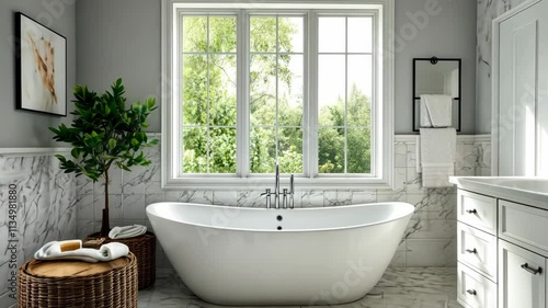 This beautifully designed bathroom showcases a freestanding tub, stylish fixtures, and abundant natural light filtering through spacious windows