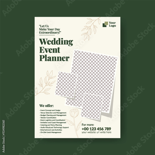 Wedding Event Planner editable vertical print flyer or poster template, event organizer, wedding invitation, wedding planning vector flyer or poster, marriage leaflet, brochure cover minimal design
