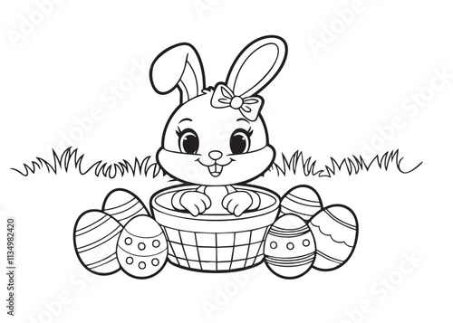 Adorable Easter bunny in a basket with decorated eggs, perfect for coloring pages and festive designs