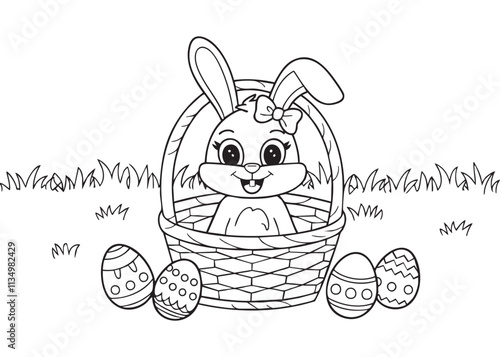 Adorable Easter bunny in a basket with decorated eggs, perfect for coloring pages and festive designs
