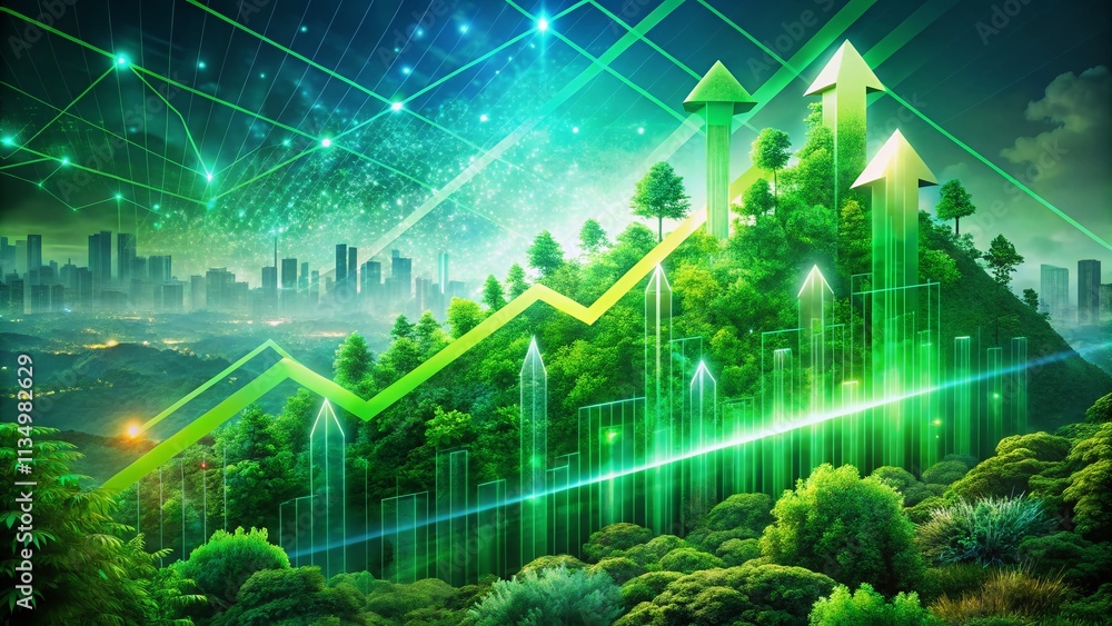 Fototapeta premium Futuristic Green Arrow Chart Representing Digital Transformation in Business Growth, Big Data, and Currency Trends with an Abstract Technology Background