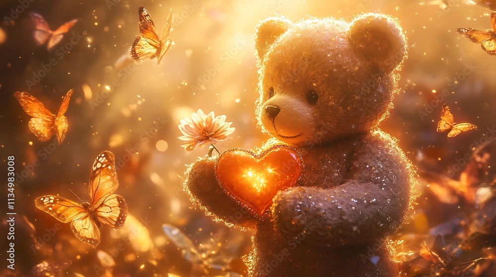A Golden Teddy Bear Holding a Heart with Butterflies and a Flower in a Warm Glow A Golden Teddy Bear Holding a Heart with Butterflies and a Flower in a Warm Glow