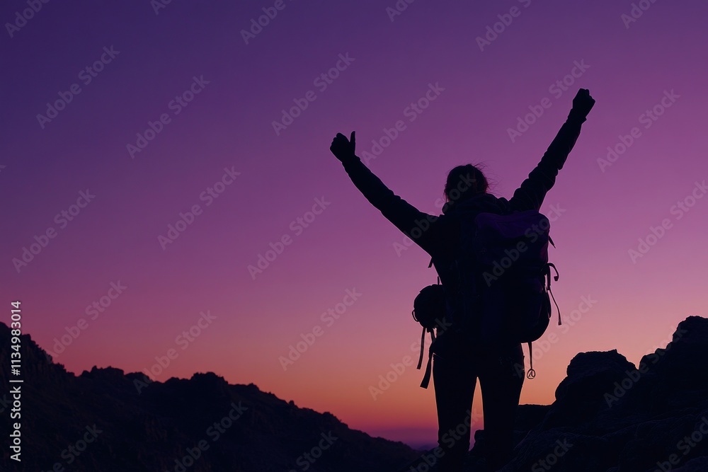 Silhouette of hiker celebrating sunset victory on mountain peak. Silhouette of hiker celebrating sunset victory on mountain peak.