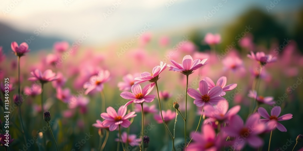 Obraz premium A delicate field of pink wildflowers bathed in soft sunlight, with a gentle breeze rustling through the petals and creating a serene ambiance.