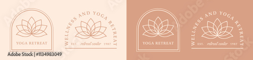 Yoga wellness retreat center studio logo girls club women healthy living event community shirt design. Boho retro elegant high end luxury lotus flower beige aesthetic decor illustration bundle pack.