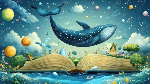 A Whale Soars Above An Open Book Worldscape photo