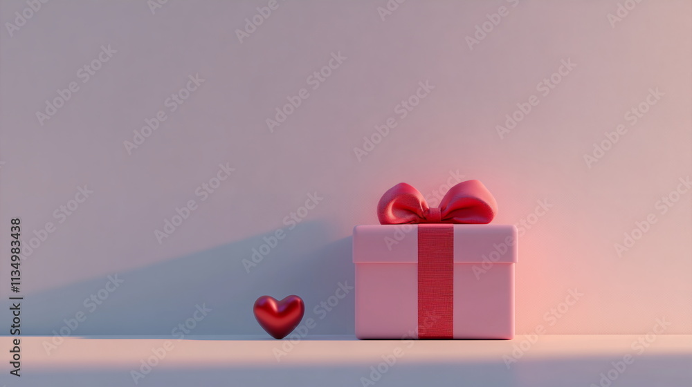 Minimalist arrangement of pink gift box tied with red satin ribbon, on white background with single small red heart next to it Valentine's day horizontal web banner, sale flyer, advert, greeting card Minimalist arrangement of pink gift box tied with red satin ribbon, on white background with single small red heart next to it Valentine's day horizontal web banner, sale flyer, advert, greeting card