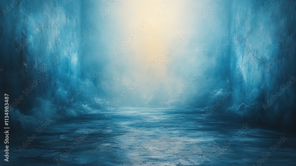 A serene landscape bathed in blue fog, illuminated softly by dawn's light, evokes mystery and calm A serene landscape bathed in blue fog, illuminated softly by dawn's light, evokes mystery and calm