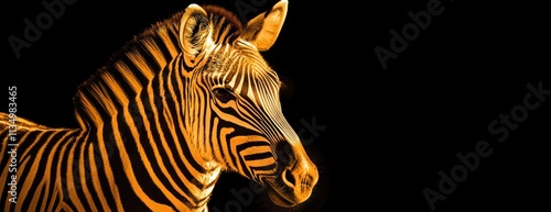 Golden zebra portrait against black background. photo