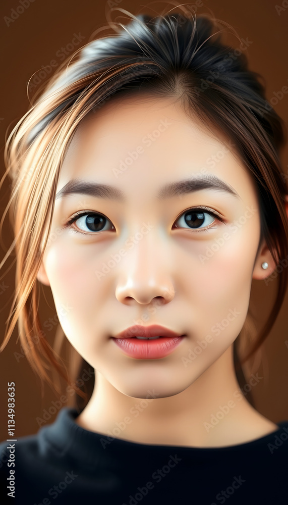 Close up portrait beauty shot of Beautiful Asian girl looking at camera isolated on brown background with copy space, isometry, with white tones Close up portrait beauty shot of Beautiful Asian girl looking at camera isolated on brown background with copy space, isometry, with white tones