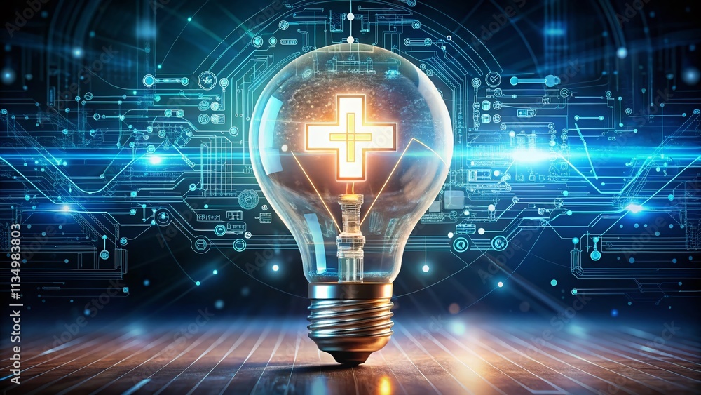 Futuristic Medical Innovation Concept with a Medical Cross Encased in a Lightbulb Symbolizing Healthcare Advancement and Technology Integration in Modern Medicine Futuristic Medical Innovation Concept with a Medical Cross Encased in a Lightbulb Symbolizing Healthcare Advancement and Technology Integration in Modern Medicine