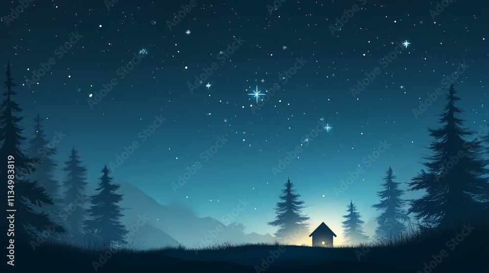 Fototapeta premium Small wooden house illuminated under starry sky in a conifer forest