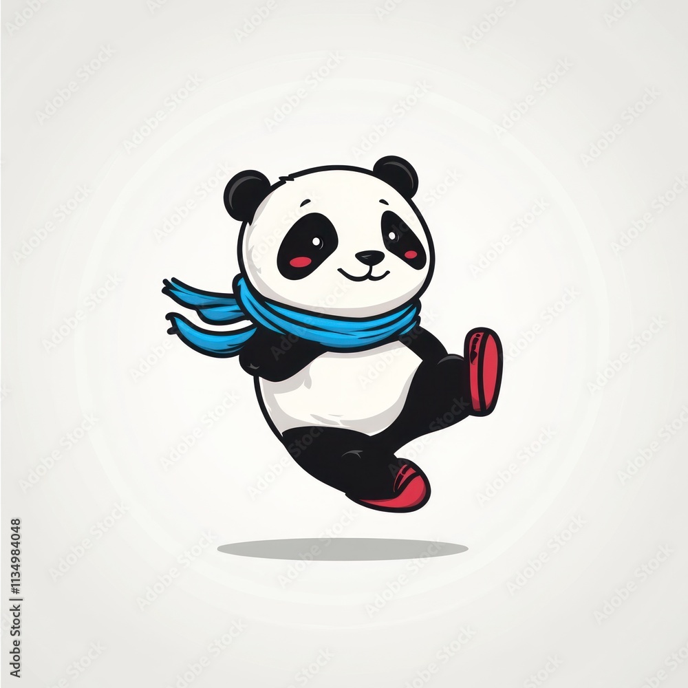 Cute cartoon panda wearing a blue scarf, joyfully leaping. Cute cartoon panda wearing a blue scarf, joyfully leaping.
