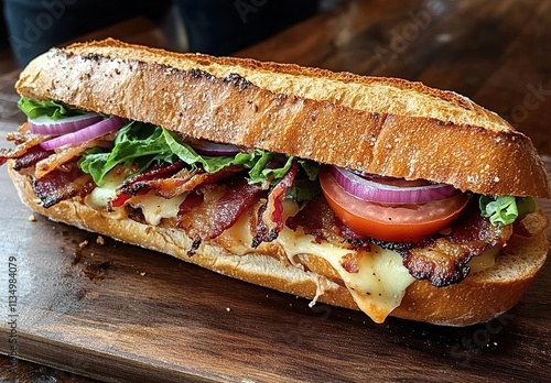  A large baguette sandwich with lettuce, tomato, and cheese sits on the table