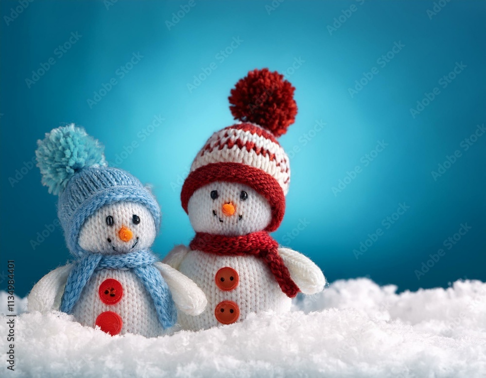 little knitted snowmans on soft snow on blue background little knitted snowmans on soft snow on blue background
