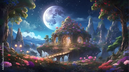 Enchanted Moonlit Haven: A whimsical fairytale world comes to life as a mystical house perched upon a floating rock island bathed in the ethereal glow of a full moon. Surrounded by vibrant flowers. photo