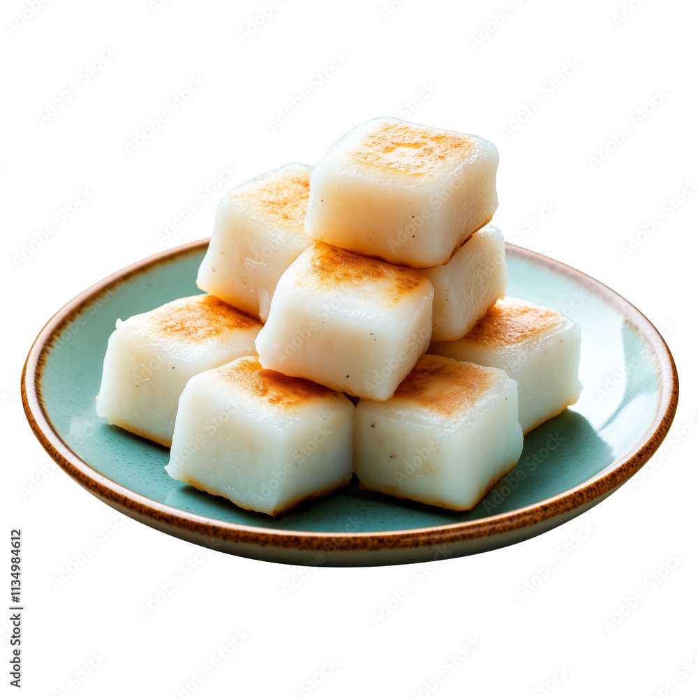 A plate of sticky rice cakes neatly arranged, isolated on transparent background A plate of sticky rice cakes neatly arranged, isolated on transparent background
