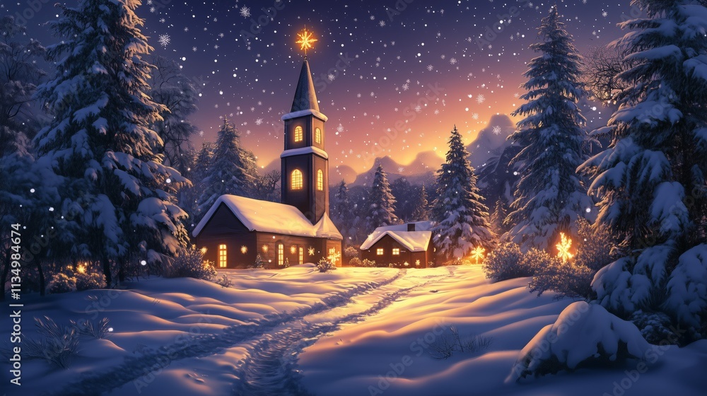 Snow falling on christmas village church at twilight Snow falling on christmas village church at twilight