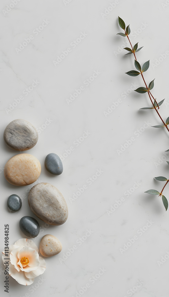 Beautiful composition with spa stones on grey marble table, flat papercut style, with white tones Beautiful composition with spa stones on grey marble table, flat papercut style, with white tones