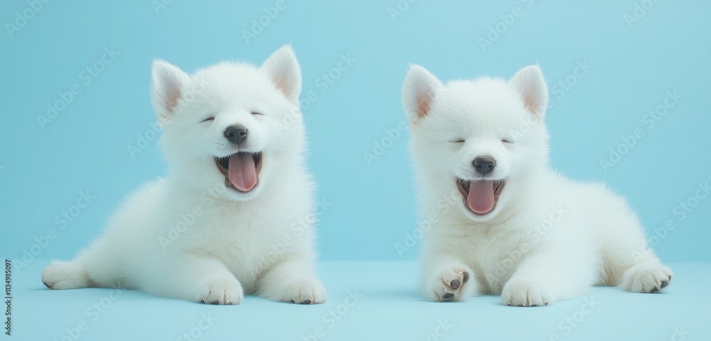 Two adorable white puppies lying on a light blue background, smiling happily. Two adorable white puppies lying on a light blue background, smiling happily.