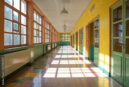  A long corridor in a school, with windows and yellow walls. 