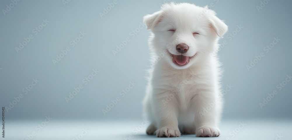 Adorable white puppy sitting on a light blue background, smiling. Adorable white puppy sitting on a light blue background, smiling.