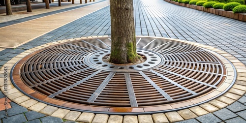 A circular grate surrounding a tree trunk, set into a brick walkway, creating a modern and aesthetically pleasing urban landscape.