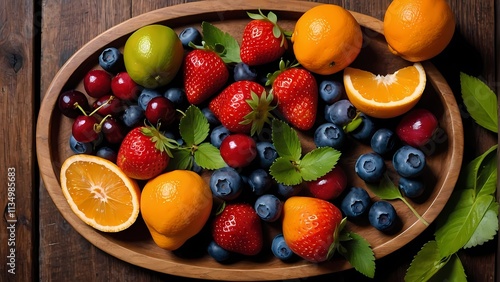 Wallpaper Mural A Bountiful Fruit Platter: An array of fresh, vibrant fruits - strawberries, blueberries, cherries, and oranges - are artfully arranged on a wooden platter. Torontodigital.ca