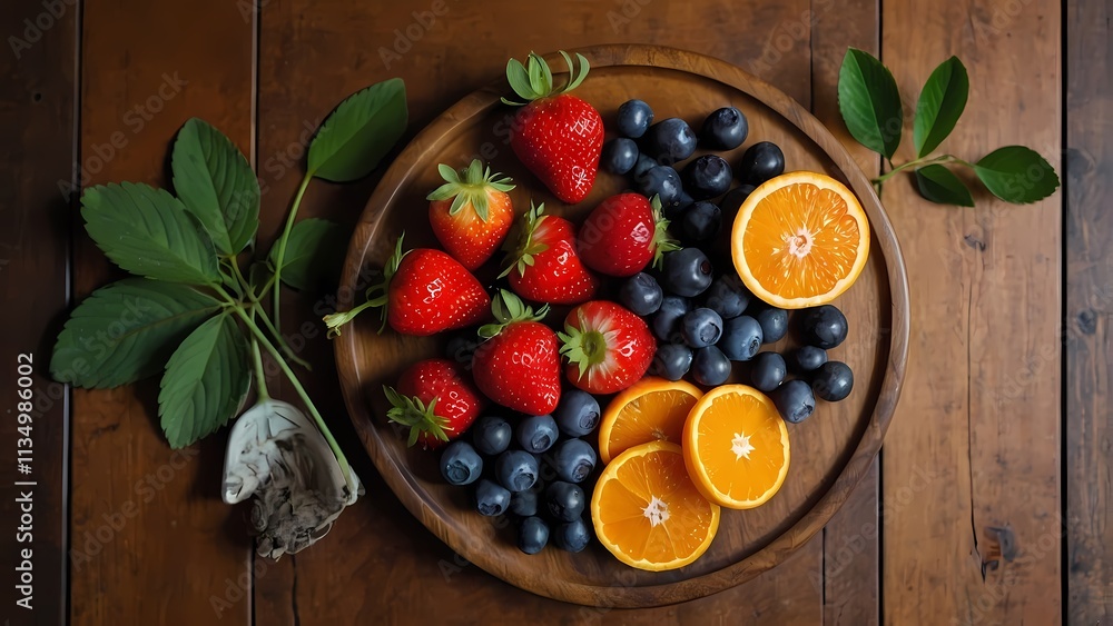 Summer Fruit Platter: A vibrant display of fresh, ripe summer fruits arranged on a rustic wooden platter. Strawberries, blueberries, and oranges are artfully scattered. Summer Fruit Platter: A vibrant display of fresh, ripe summer fruits arranged on a rustic wooden platter. Strawberries, blueberries, and oranges are artfully scattered.