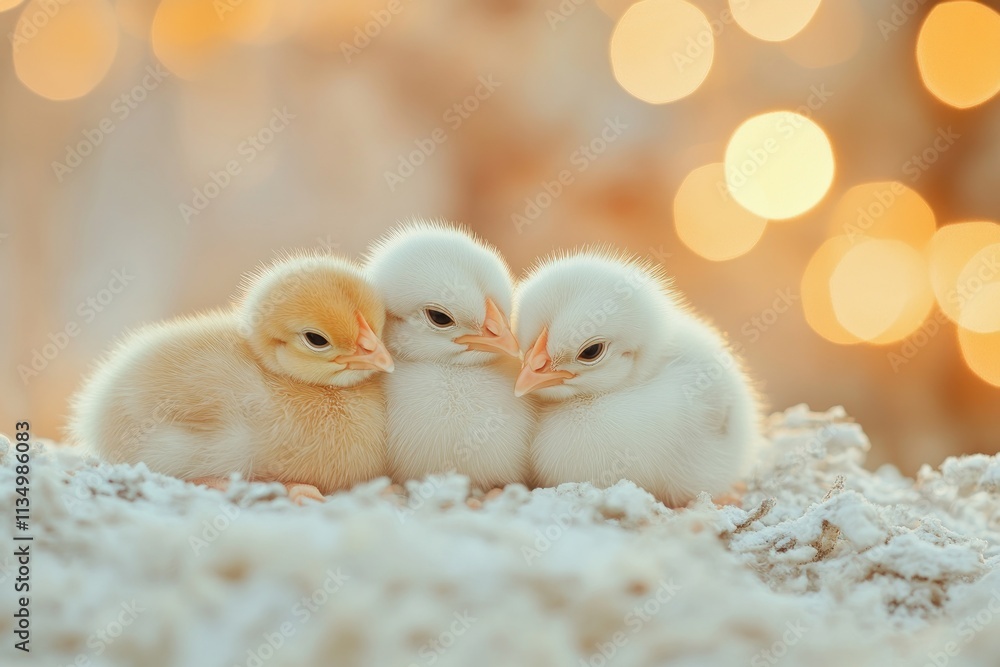 Three adorable fluffy baby chicks huddled together on a soft surface with a bokeh background. Three adorable fluffy baby chicks huddled together on a soft surface with a bokeh background.