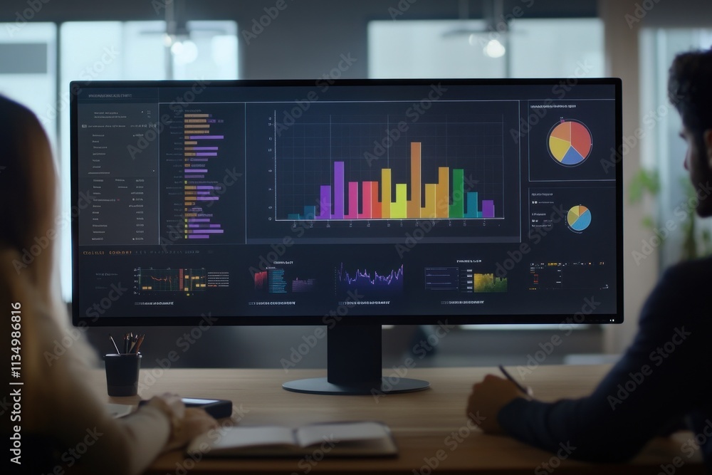 Two colleagues analyze data on a large monitor. Two colleagues analyze data on a large monitor.