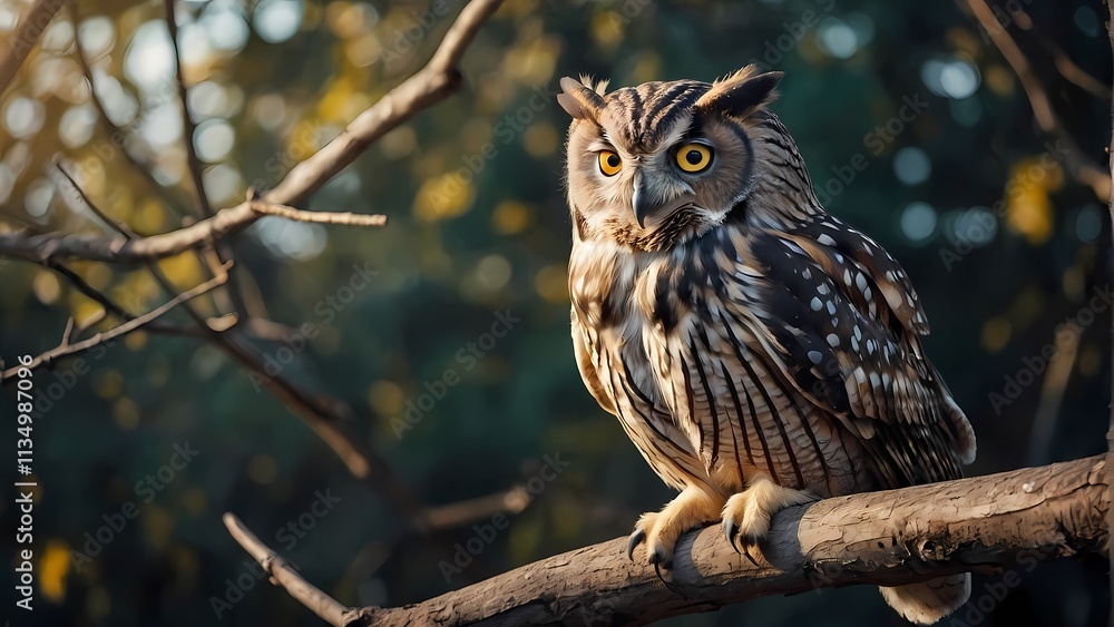 Obraz premium Majestic Owl at Dusk: A striking image of a brown and white owl perched on a tree branch at dusk, its golden eyes piercing the soft light.