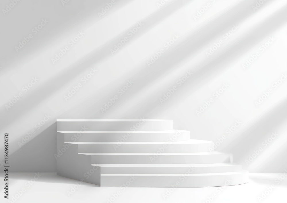 White curved staircase steps against a bright wall with sunlight shadows. White curved staircase steps against a bright wall with sunlight shadows.