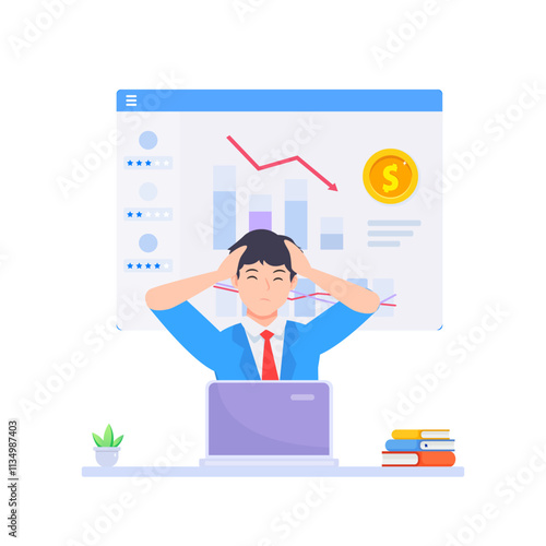 Business fail. Graph down. Sad unhappy office worker. Vector flat cartoon illustration