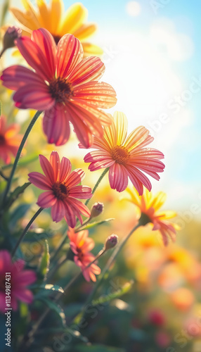 Beautiful vibrant flowers in warm sunlight with bokeh effect, capturing the essence of nature's beauty and colors, crayon drawing, with white tones
