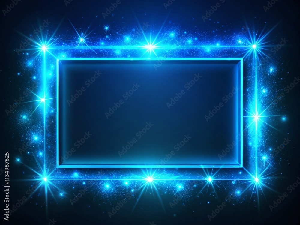 Obraz premium Glowing Blue Neon Frame with Light Effects - Shining Rectangle Border with Sparkling Accents on Dark Background for Modern Design and Advertising Applications