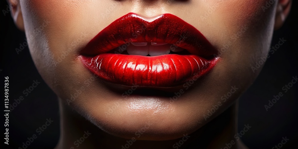 Obraz premium Glossy Woman Lips with a Stunning Shine Isolated Against a Dark Background, Showcasing Beauty and Elegance in Low Light Photography for High-Quality Stock Imagery