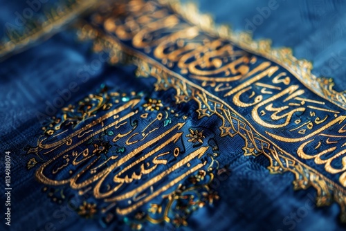 A close-up view captures elaborate golden calligraphy on rich blue fabric, showcasing the artistry and craftsmanship typical of traditional celebrations or religious occasions. photo